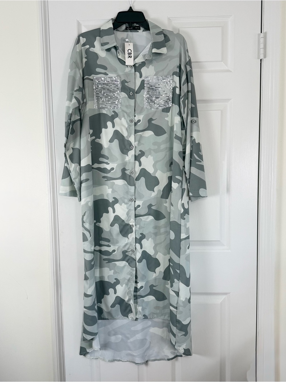 NWT CBR Light Camouflage Crepe High Low Shirt Dress with Sequins Size Medium